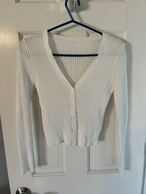 mandee White Ribbed V-Neck Button Cardigan